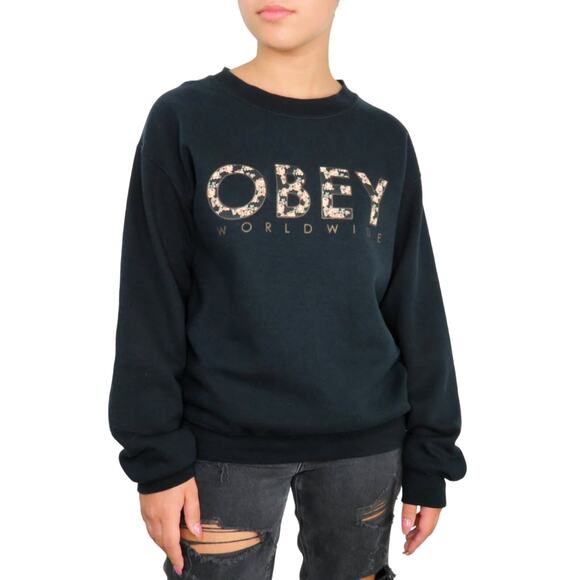 Obey Black Floral Letter Crewneck Pullover Sweatshirt Floral Small - Picture 5 of 5
